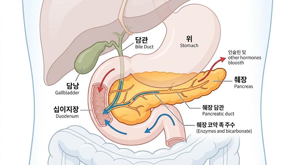 췌장염 원인이 되는 췌장의 위치와 구조 해부 일러스트