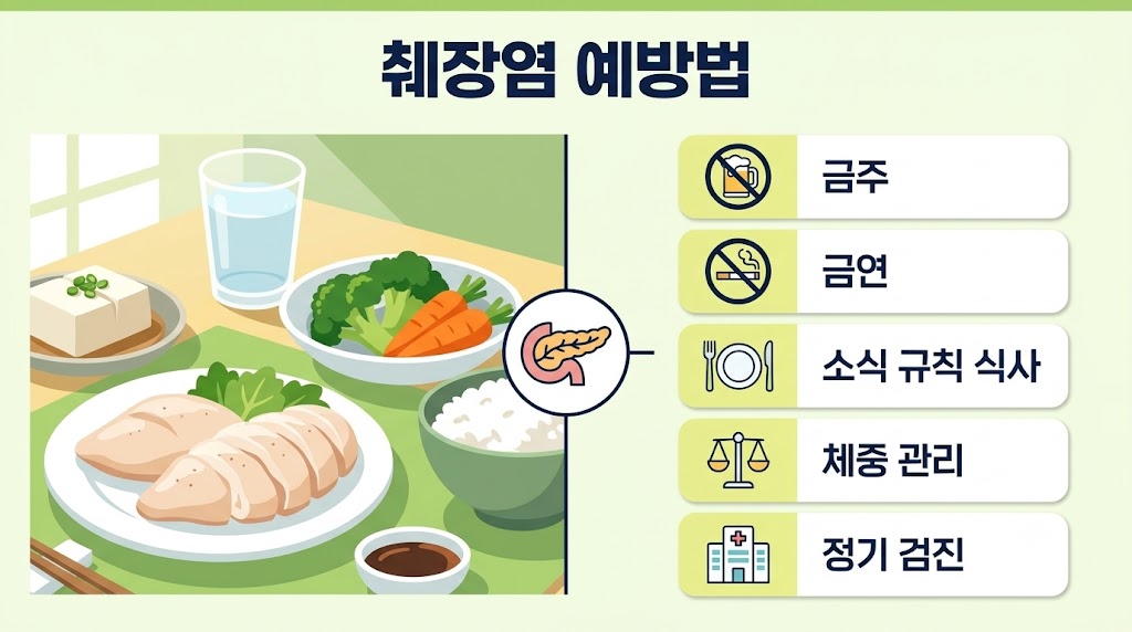 췌장염 예방법 식단 관리와 금주 금연 생활습관 인포그래픽