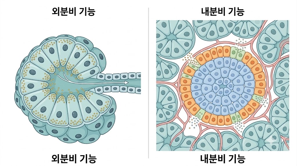 췌장 해부학 – 외분비 선방세포와 내분비 랑게르한스섬 기능 비교