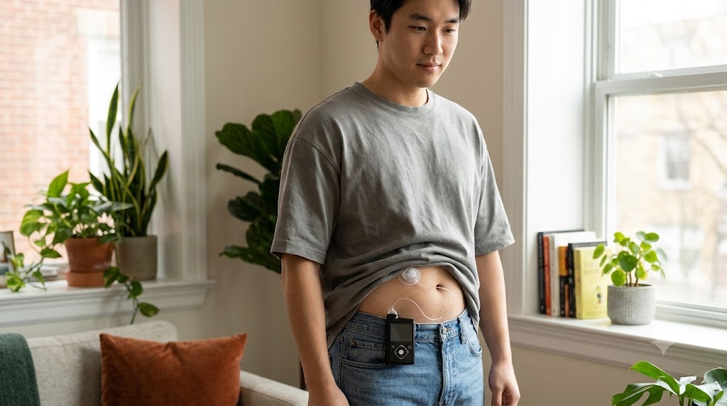  연속혈당측정기와 연동 가능한 인슐린 펌프 착용 모습과 주입 세트