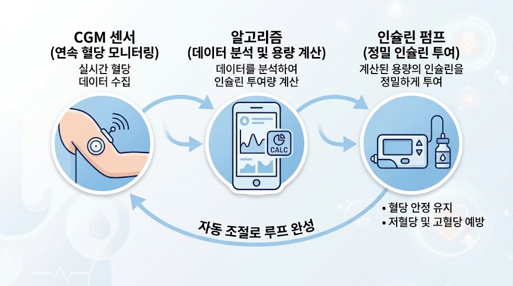 연속혈당측정기와 인슐린 펌프 연동 인공췌장 시스템 개념도