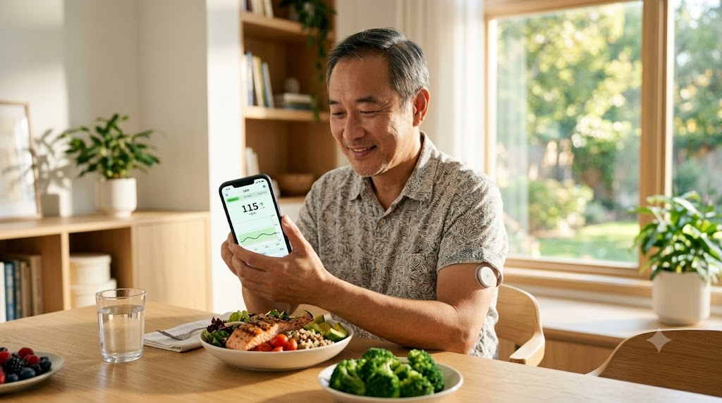 연속혈당측정기 앱으로 혈당 변화를 확인하며 당뇨 관리하는 실생활 모습