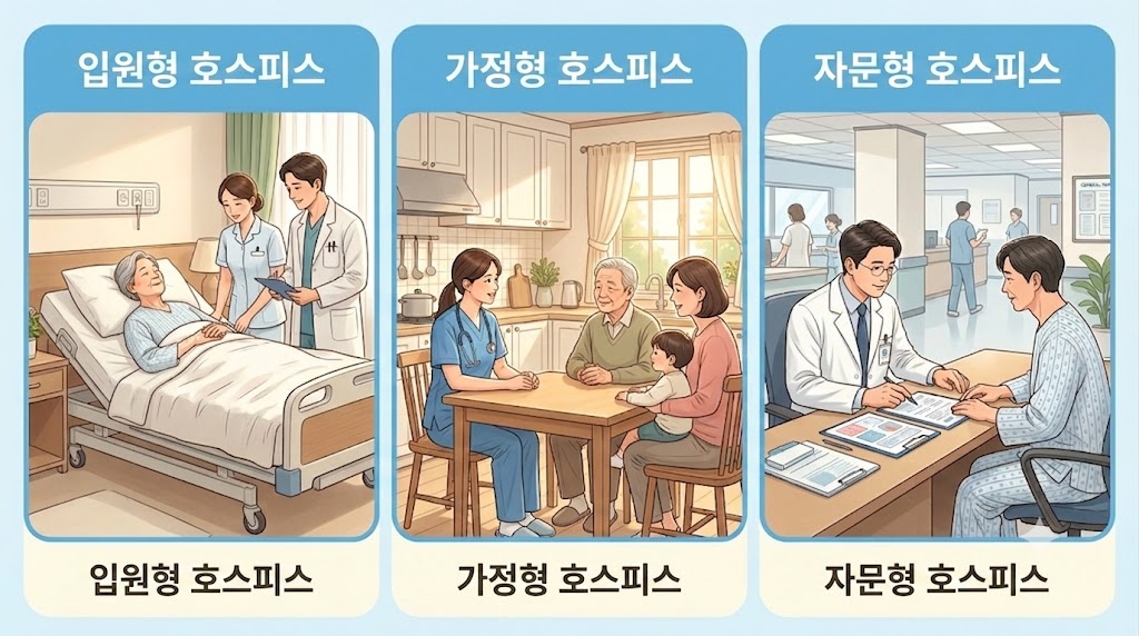  호스피스 완화 치료 종류 입원형 가정형 자문형 인포그래픽