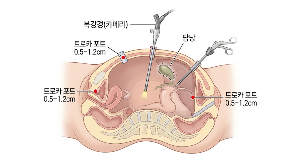 복강경 담낭절제술 원리를 나타낸 의학 일러스트