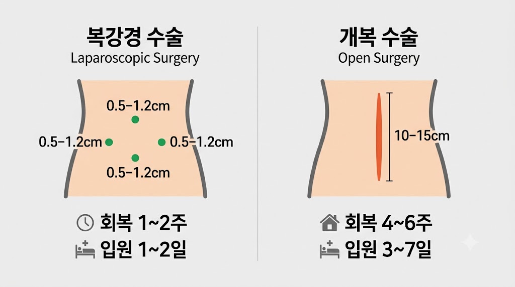 개복 수술과 복강경 수술 절개 방식 비교 인포그래픽