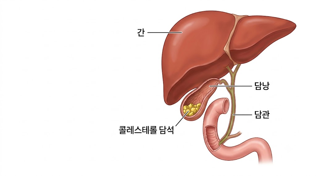 담낭 내 콜레스테롤 담석 형성 과정을 보여주는 의학 일러스트