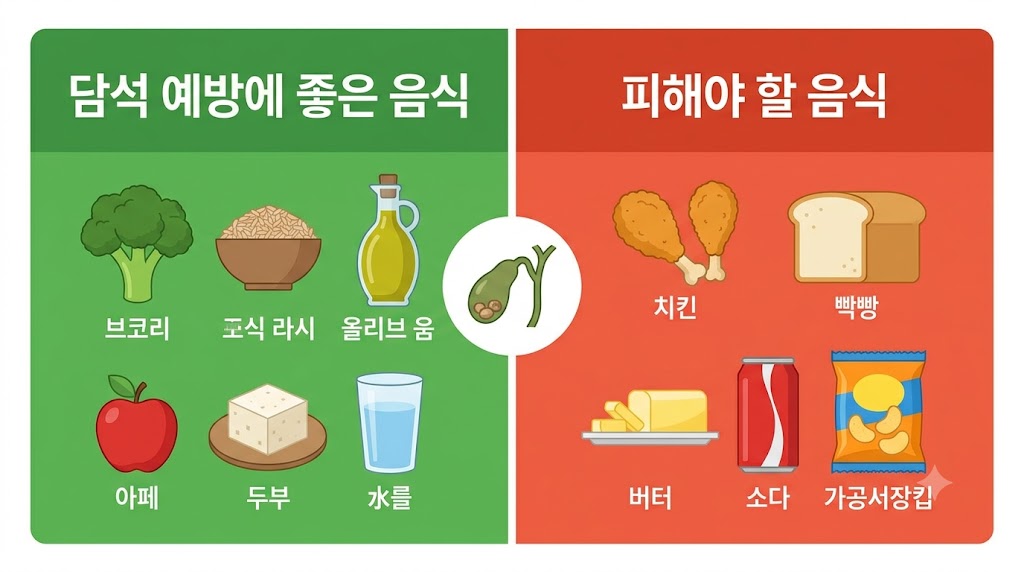 담석 예방에 좋은 음식과 피해야 할 음식을 구분한 인포그래픽