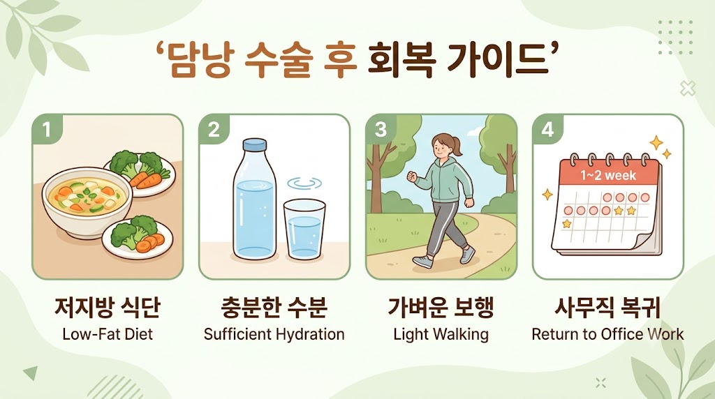 담낭 수술 후 식단 관리와 회복 생활 안내 인포그래픽
