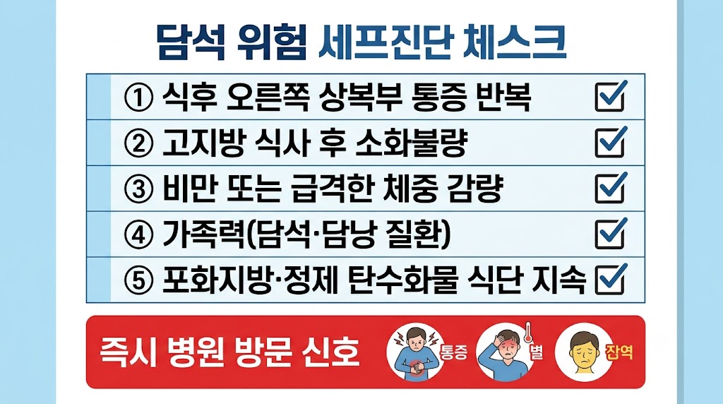 담석 자가진단 체크리스트와 병원 방문 기준을 정리한 인포그래픽