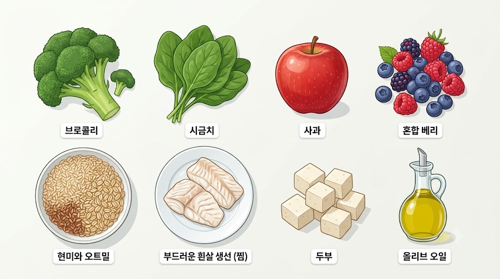담낭에 좋은 채소·과일·통곡물 식단 일러스트레이션