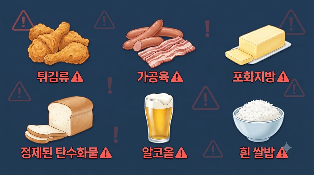 튀긴 음식·가공육·고지방 식품 경고 인포그래픽