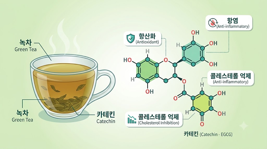 녹차 카테킨 성분과 담낭 보호 효과를 설명하는 일러스트