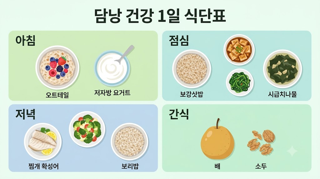  담낭 건강 식단표 — 1일 식단 구성 예시 인포그래픽