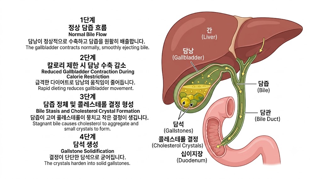 다이어트 담석 형성 원리 — 담낭 내 콜레스테롤 과포화와 담즙 침전 과정