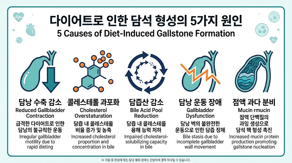 다이어트 중 담석 생성 5단계 — 담즙 정체·콜레스테롤 과포화·결정 형성 과정