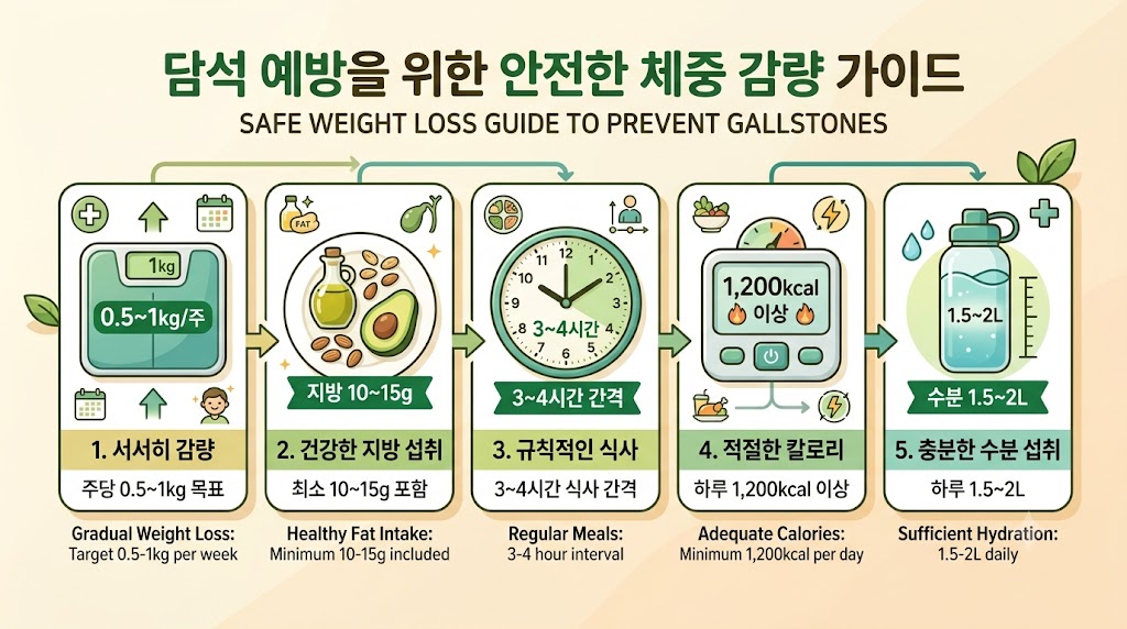 다이어트 중 담석 예방법 — 주간 감량 속도·지방 섭취량·식사 주기 관리 가이드