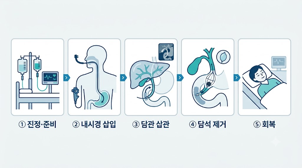 ERCP 시술 5단계 진행 과정 — 내시경 삽입부터 담석 제거까지