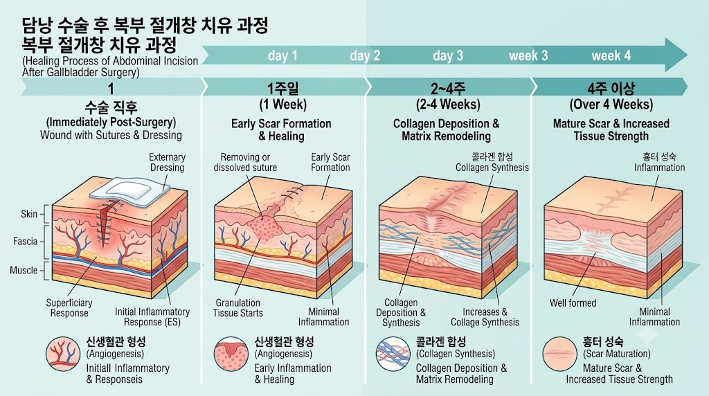 담낭 수술 후 운동 복귀 시기와 복부 회복 과정 의학 인포그래픽