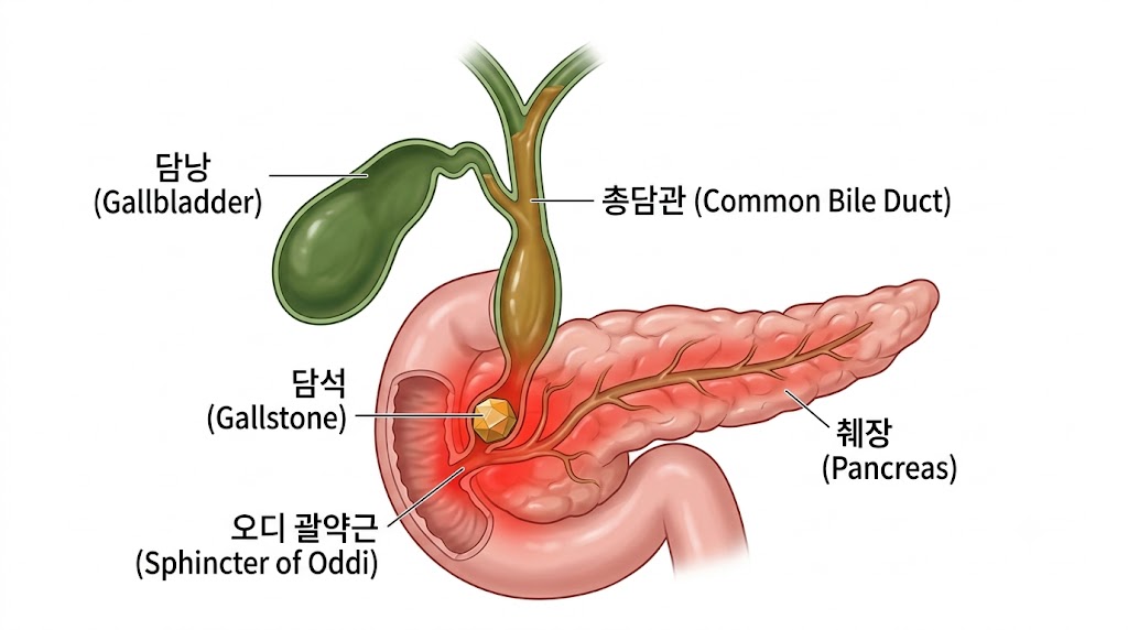 담석성 췌장염 — 담석이 총담관을 막아 췌장액이 역류하는 발병 기전 해부학 도해