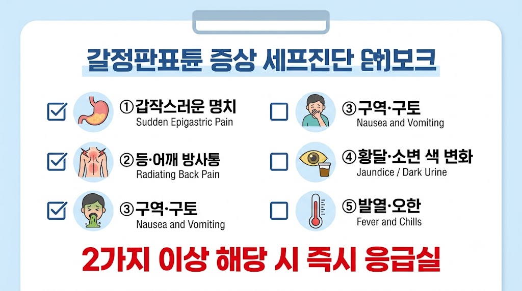 담석성 췌장염 초기증상 자가진단 체크리스트 — 명치 통증·황달·구역·발열·등 방사통 5가지