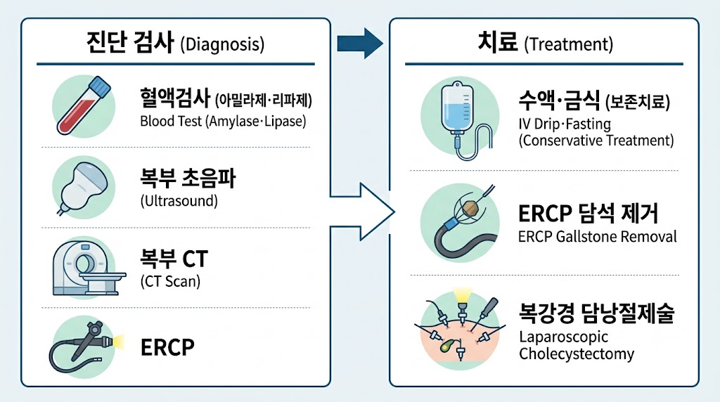 담석성 췌장염 진단 검사항목과 ERCP·복강경 담낭절제술 치료 흐름도