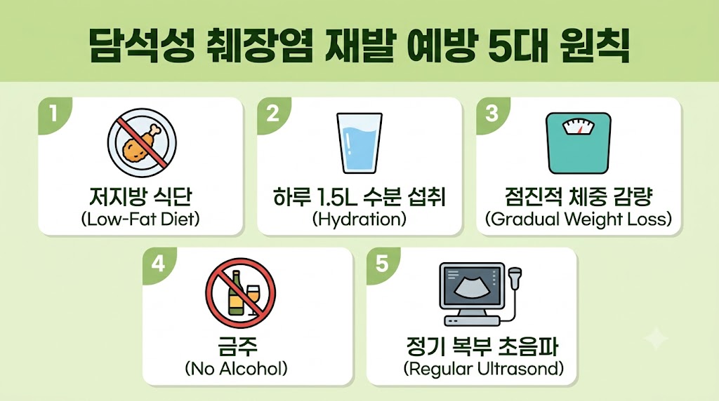 담석성 췌장염 재발 예방 — 저지방 식단·수분 섭취·담낭절제술 시기 생활 관리 가이드