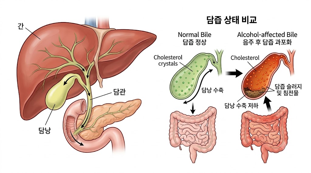 음주 담낭 질환 — 담즙 성분 변화와 담낭 수축 기능 저하 의학 일러스트