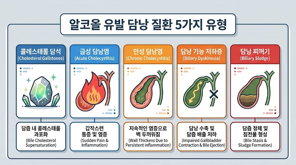 음주 담낭 질환 종류 비교 — 담석·급성 담낭염·만성 담낭염·담낭 기능 저하증·담낭 찌꺼기 인포그래픽
