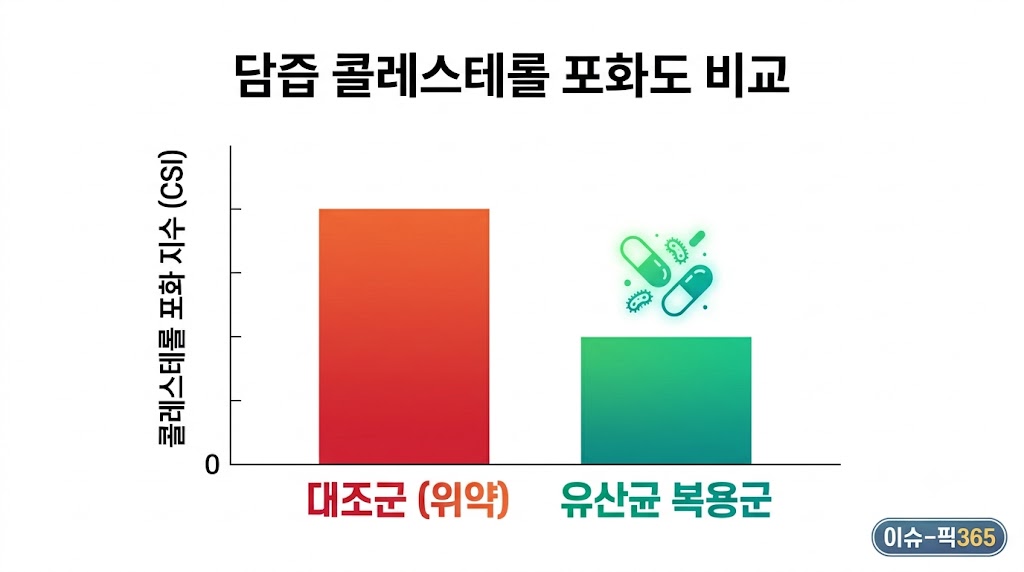 프로바이오틱스 임상 연구 결과 요약 — 담즙 콜레스테롤 수치 변화 비교 그래프