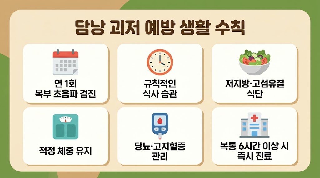 담낭 괴저 예방을 위한 건강 식단 관리와 정기 검진 생활 습관 인포그래픽