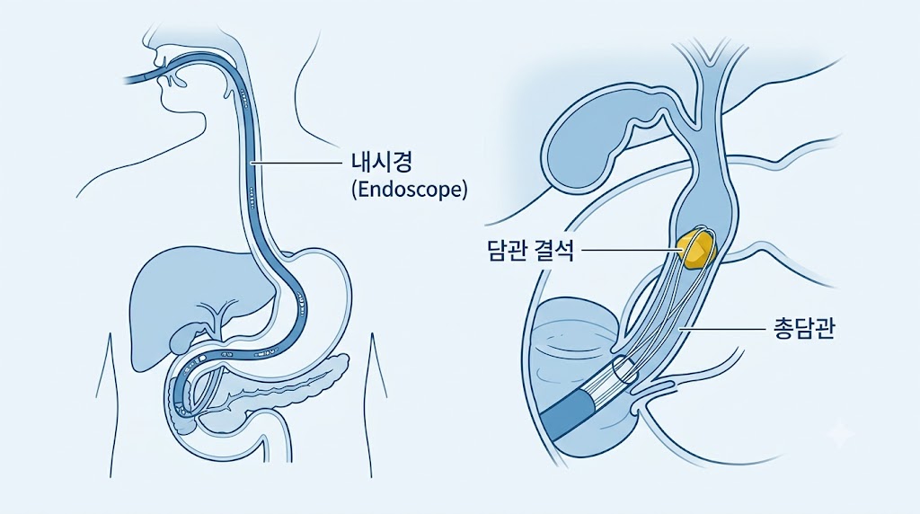 이차성 담즙성 간경변 진단 — ERCP 담관 내시경과 복부 초음파·MRI 검사 장면 의학 일러스트