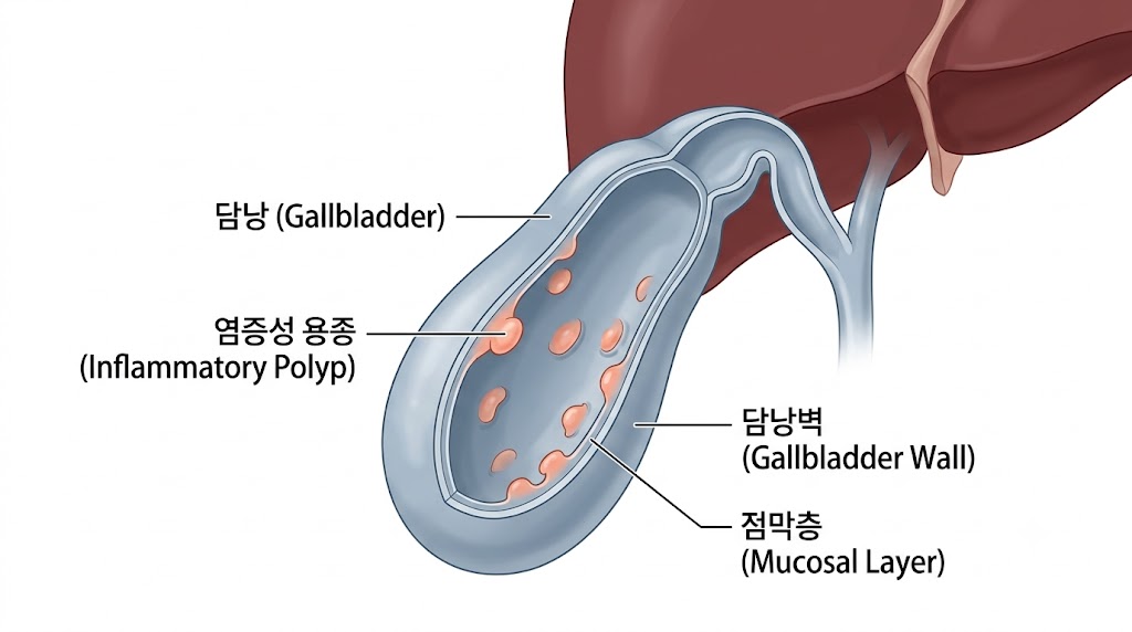 담낭 염증성 용종 — 담낭 점막의 만성 염증으로 형성된 용종 구조 의학 일러스트
