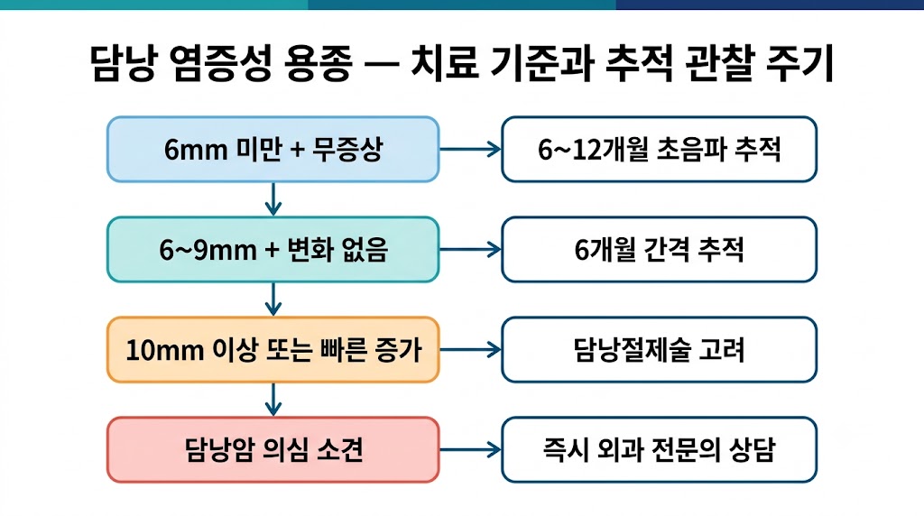 담낭 염증성 용종 치료 기준과 추적 관찰 주기 — 수술 여부 판단 흐름도