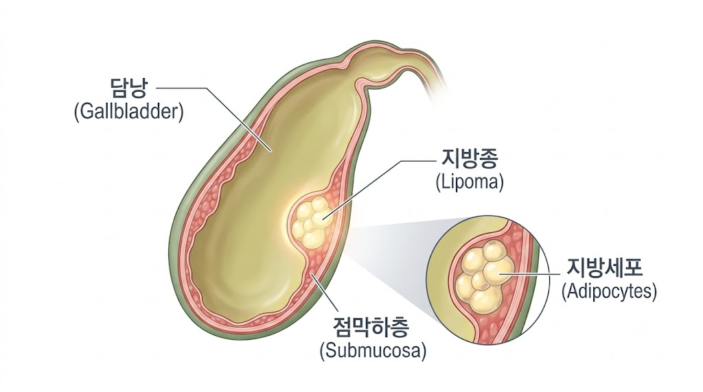 담낭 지방종의 발생 위치와 구조를 보여주는 의학 일러스트
