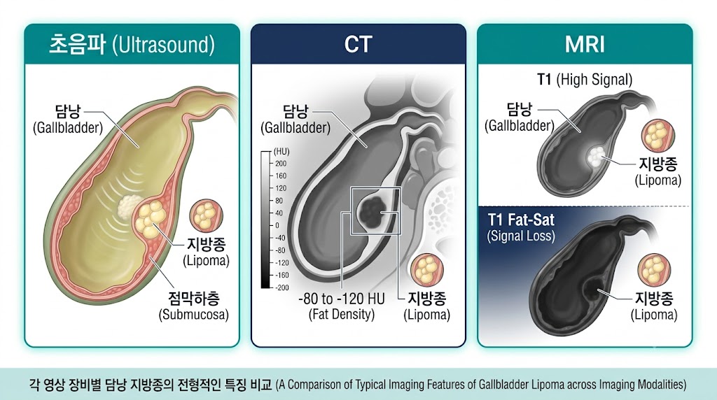 담낭 지방종의 초음파, CT, MRI 영상 소견 비교 일러스트