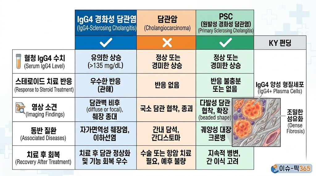 IgG4 관련 경화성 담관염 담관암 PSC 감별 비교표