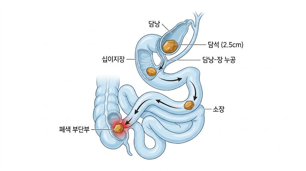 담석성 회장염의 발병 기전을 나타낸 의학 해부 일러스트
