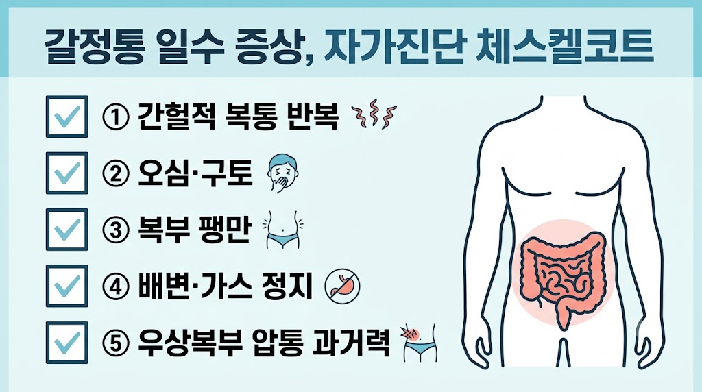 담석성 회장염 초기증상 자가진단 체크리스트 인포그래픽