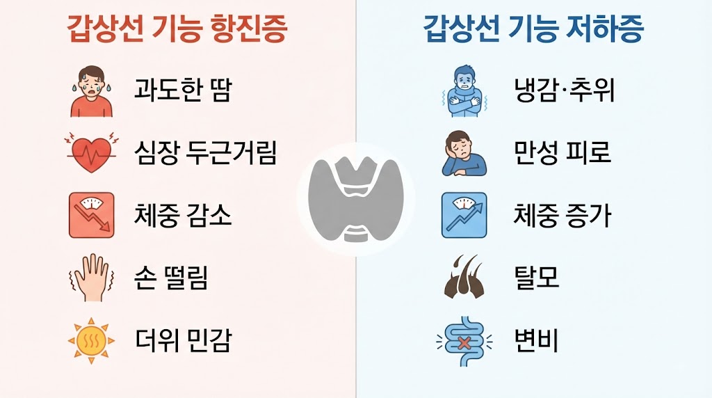 Alt Text: 갑상선 기능 변화 자가진단 체크리스트 — 항진증·저하증 구별 증상 비교 인포그래픽