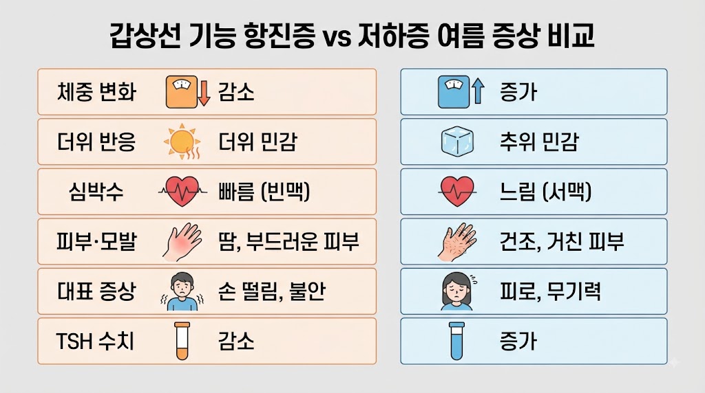 Alt Text: 갑상선 기능 변화 항진증과 저하증 여름 증상 비교표 인포그래픽