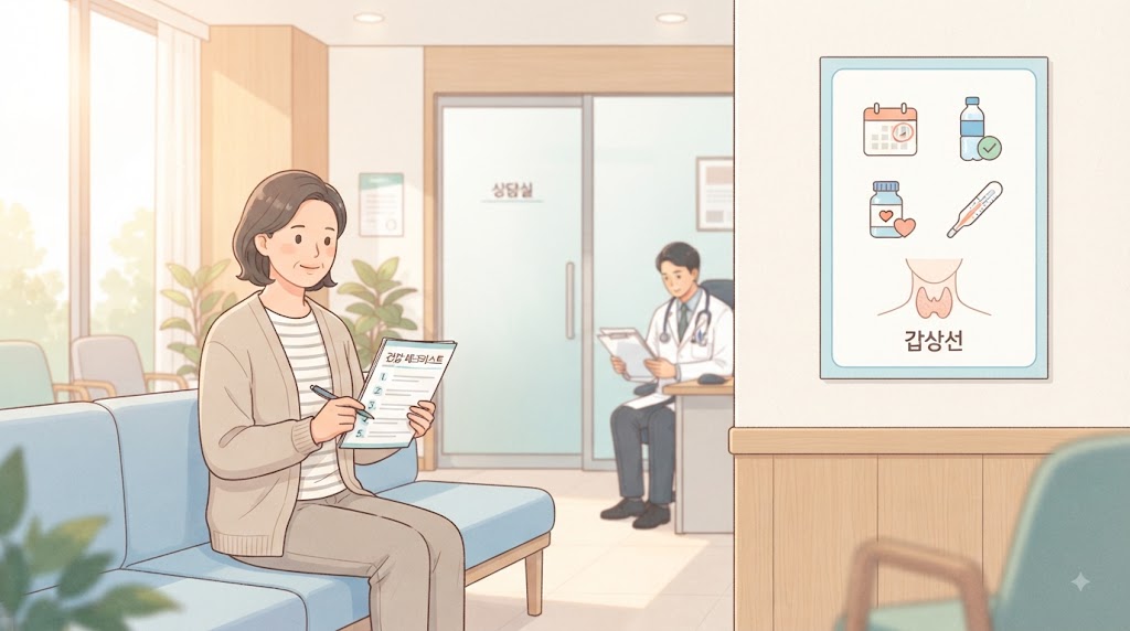 Alt Text: 갑상선 기능 변화 대처법 — 병원 방문 기준과 여름철 생활 수칙 안내 일러스트