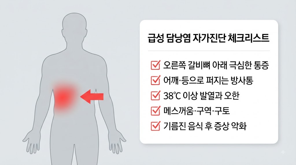 Alt Text: 급성 담낭염 초기증상 자가진단 체크리스트 — 오른쪽 갈비뼈 아래 통증 위치 인포그래픽