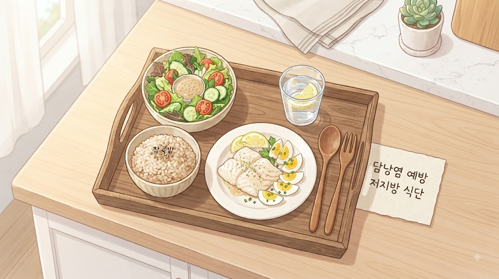 Alt Text: 급성 담낭염 예방 식단 — 저지방 채소 중심 식단과 충분한 수분 섭취 이미지