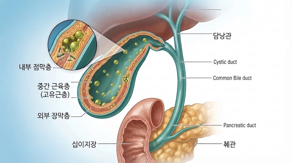 기종성 담낭염 담낭 구조와 가스 생성 세균 감염 기전 의학 일러스트