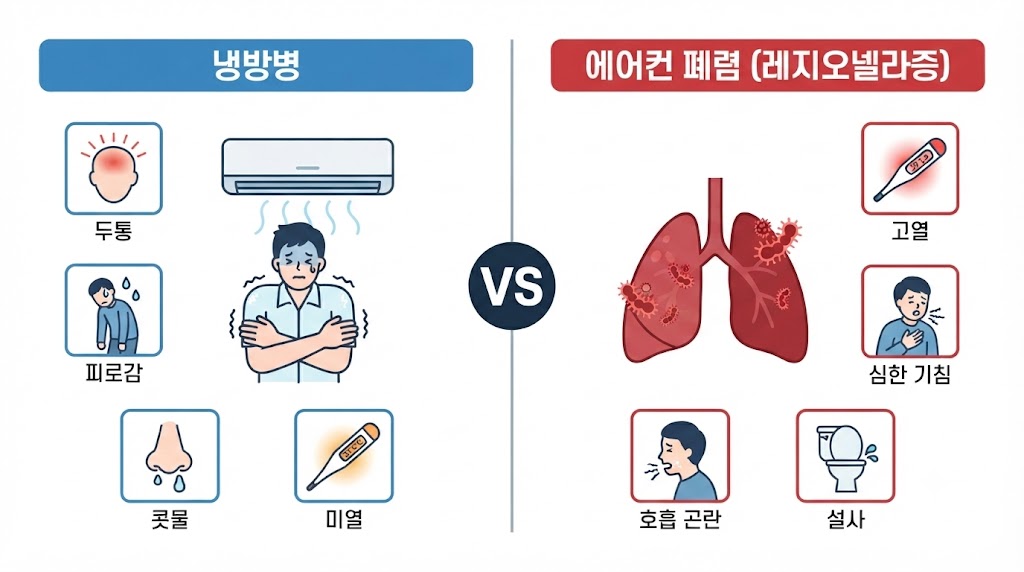 냉방병과 에어컨 폐렴 차이점 비교 인포그래픽