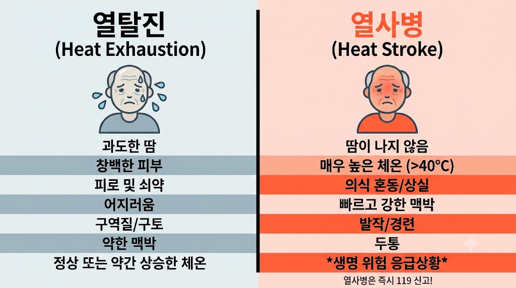 노인 온열질환 열사병 vs 열탈진 증상 비교