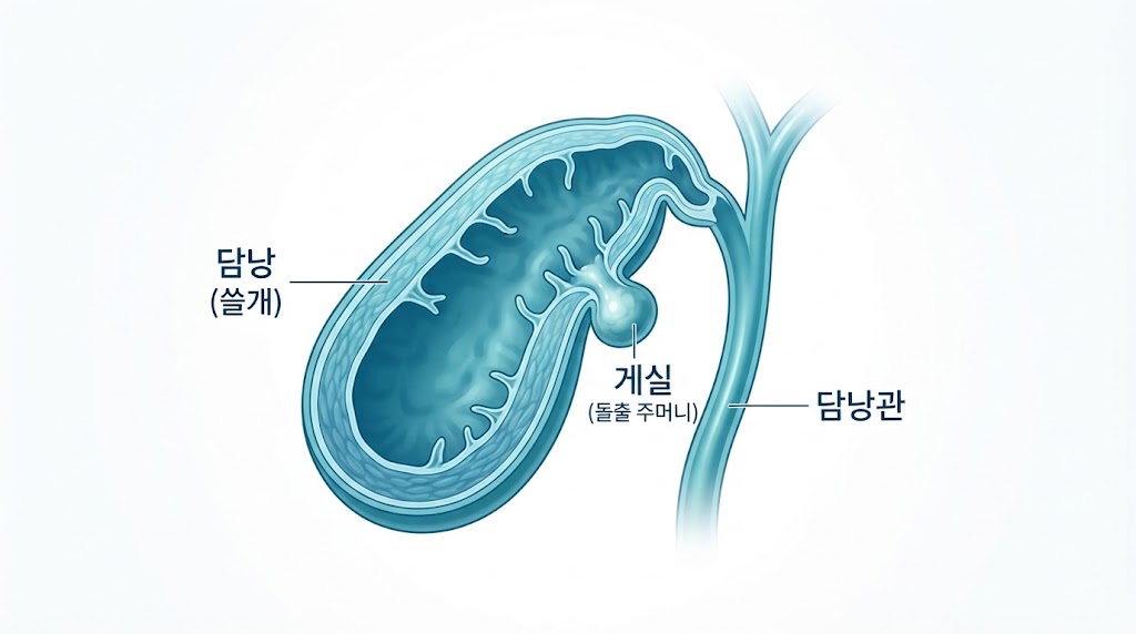 담낭 게실 구조 — 담낭 벽 일부가 바깥으로 돌출된 의학 단면 일러스트