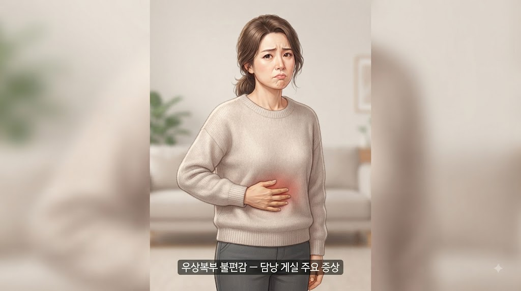 담낭 게실 증상 — 오른쪽 상복부 불편감을 느끼는 여성 자가진단 이미지