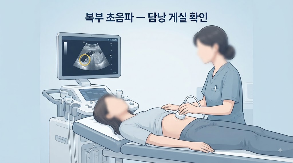 담낭 게실 합병증 진단 — 복부 초음파 검사 장면