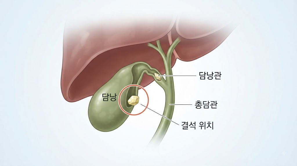 Alt Text: 담낭관 결석 위치를 보여주는 담낭·담관 해부도 — 담낭관 폐쇄 부위 표시